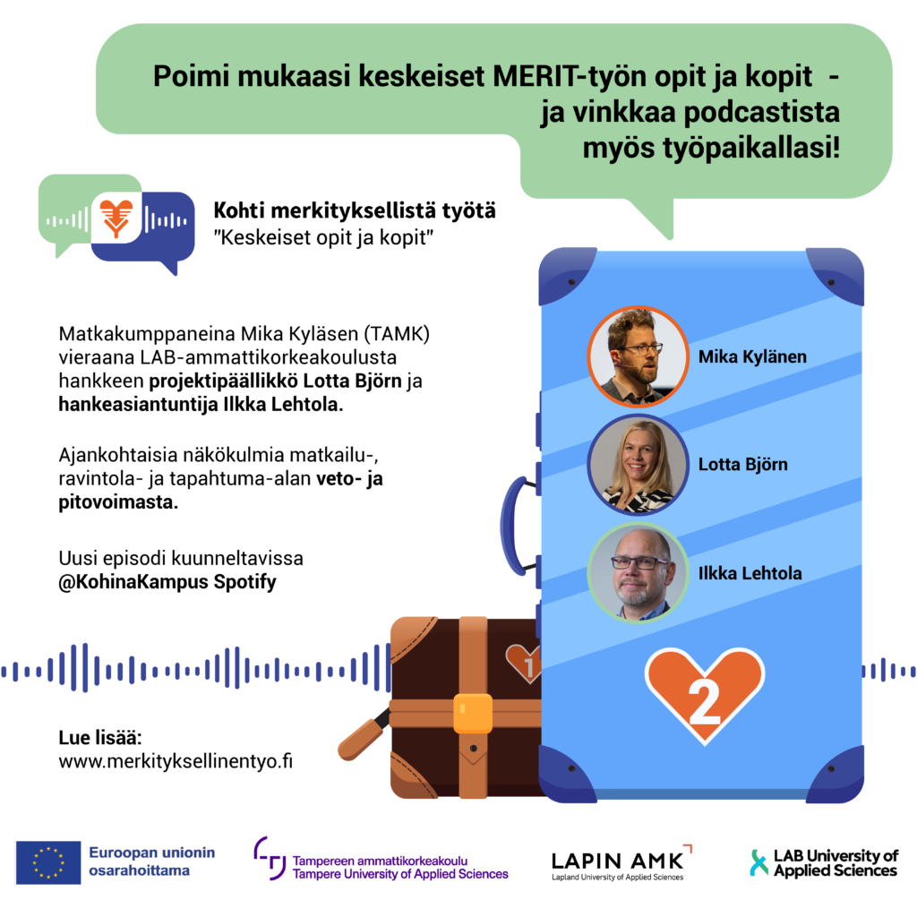 Episodimainos, jossa on matkalaukkuanalogiaa ja kuvat keskustelijoista