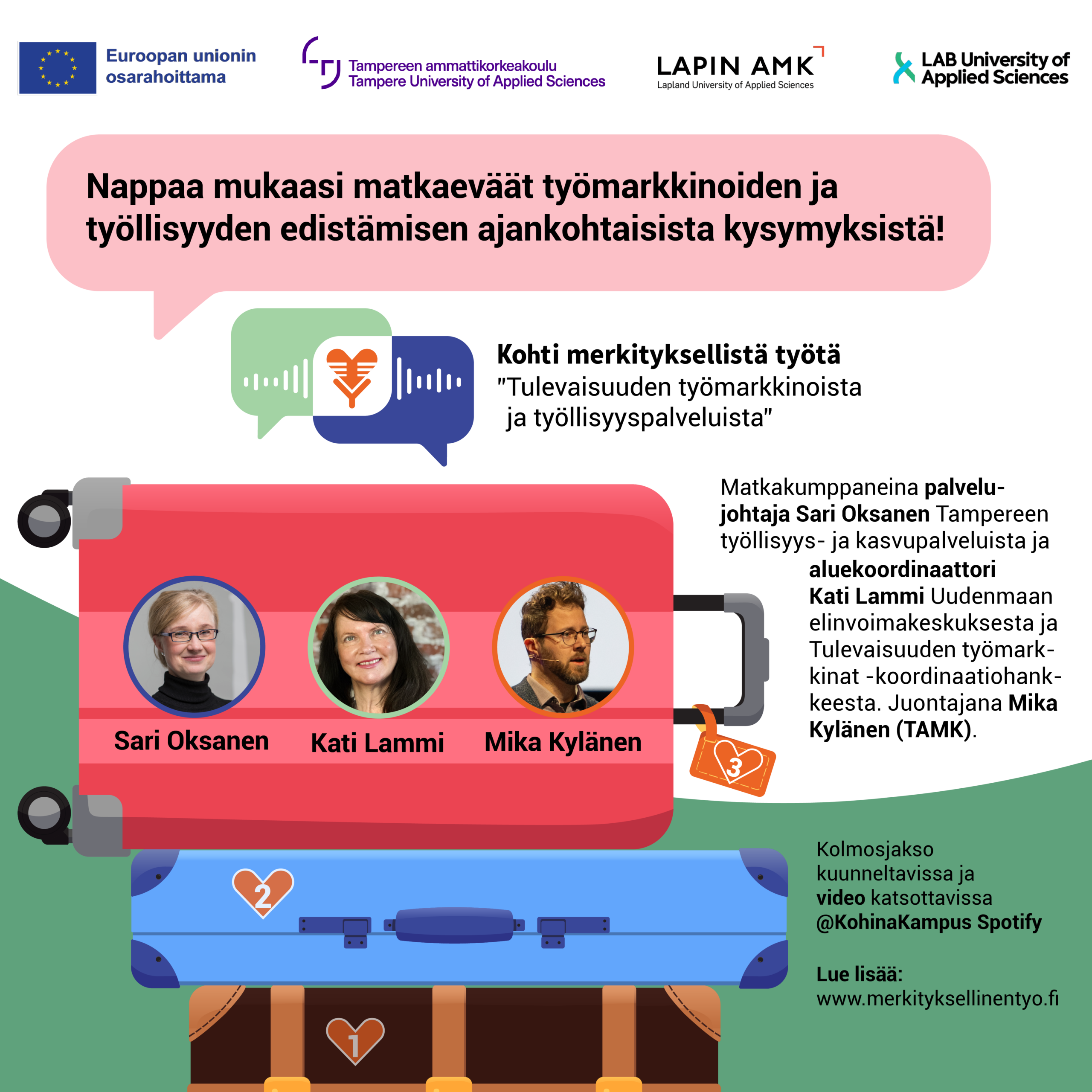 mainoskuva kolmanteen podcast-episodiin, jossa on matkalaukkukuvia ja keskustelijoiden kasvokuvat.